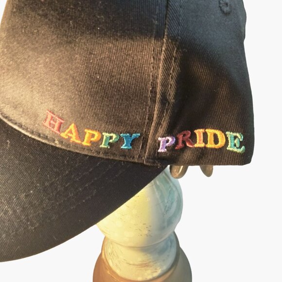 Happy Pride Baseball Cap  Gay Pride Apparel Rainbow LGBTQ Black Embroidered - Picture 3 of 10